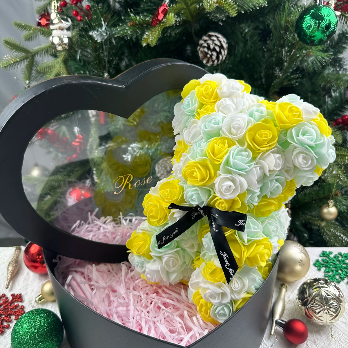 25cm Rosen-Teddybär mit Geschenkbox – Romantischer Kunstrosen-Bär zum Valentinstag oder besonderem Anlass