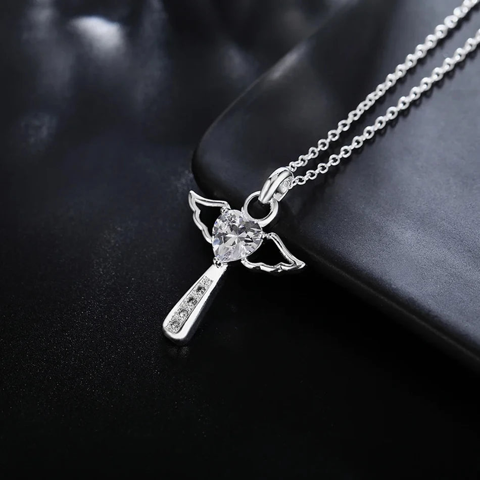Engel-Kristall-Kreuz-Halskette für Damen – Elegante 925 Sterling Silber Kette mit Funkelndem Anhänger für Hochzeit, Party, Jahrestag & Besondere Anlässe