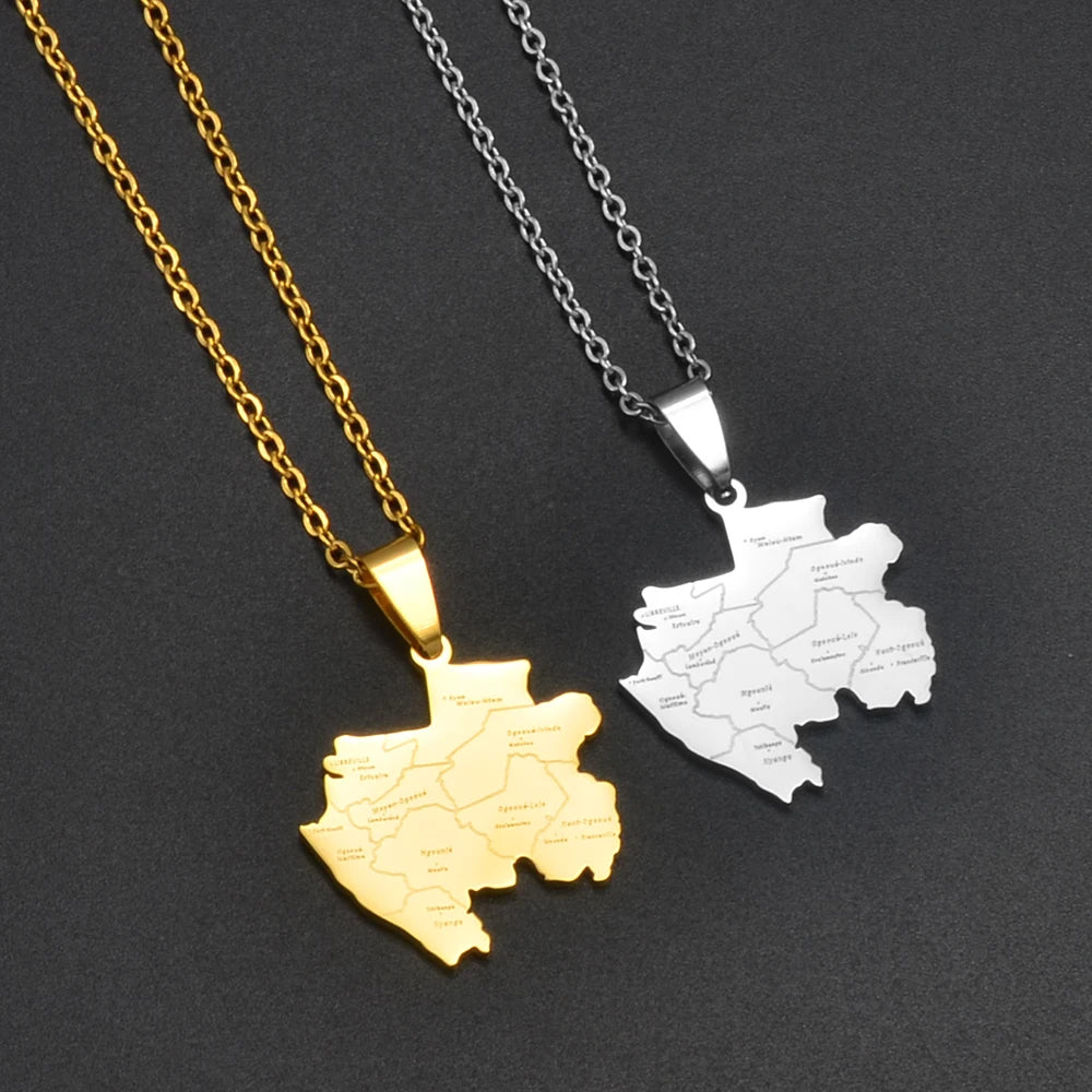 Gabun-Landkarte mit Städten Halskette – Edelstahl Gabunischer Länder-Karten-Anhänger, Heimat-, Kultur- & Reiseschmuck für Damen & Herren