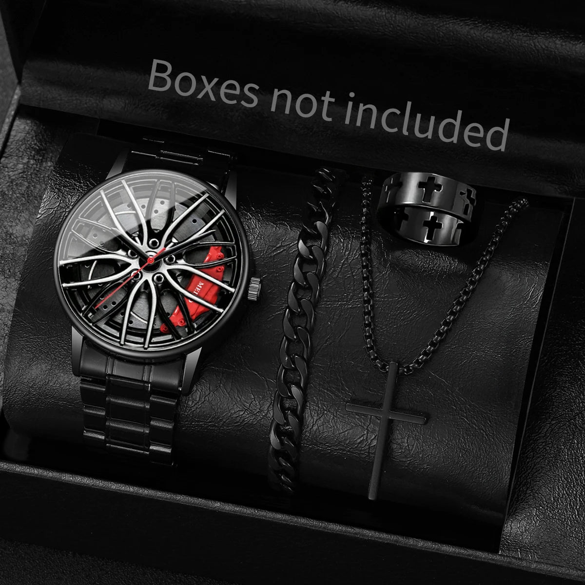 Herren-Quarzuhr mit 3D-Autorad-Zifferblatt & Edelstahlarmband – Sportliche Armbanduhr mit Modischem Schmuckset
