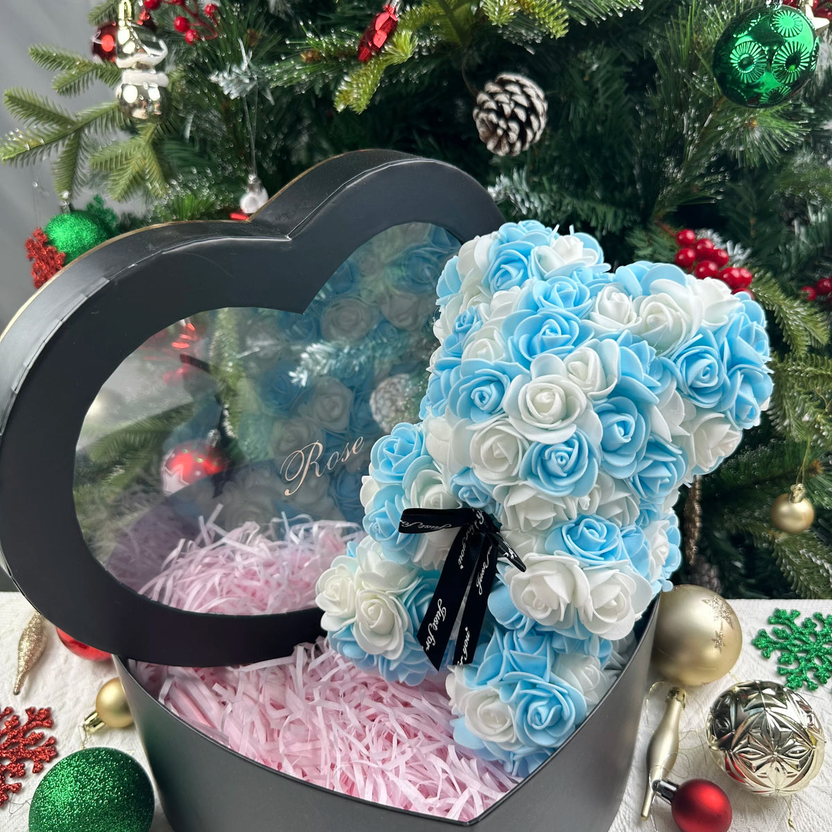 25cm Rosen-Teddybär mit Geschenkbox – Romantischer Kunstrosen-Bär zum Valentinstag oder besonderem Anlass