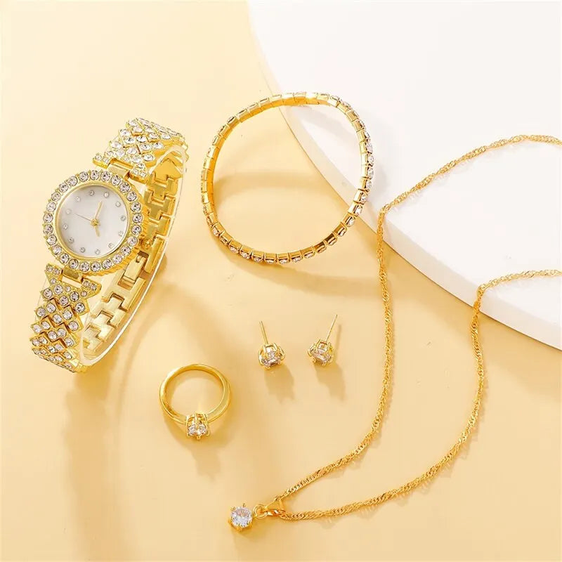 Elegante Damen-Armbanduhr mit Ring, Halskette, Ohrringen & Armband – Funkelndes Schmuckset mit Strasssteinen
