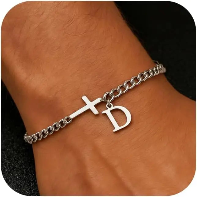 Herren Kreuz-Panzerarmband mit Initiale – A–Z Edelstahl-Armband als Glaubensschmuck