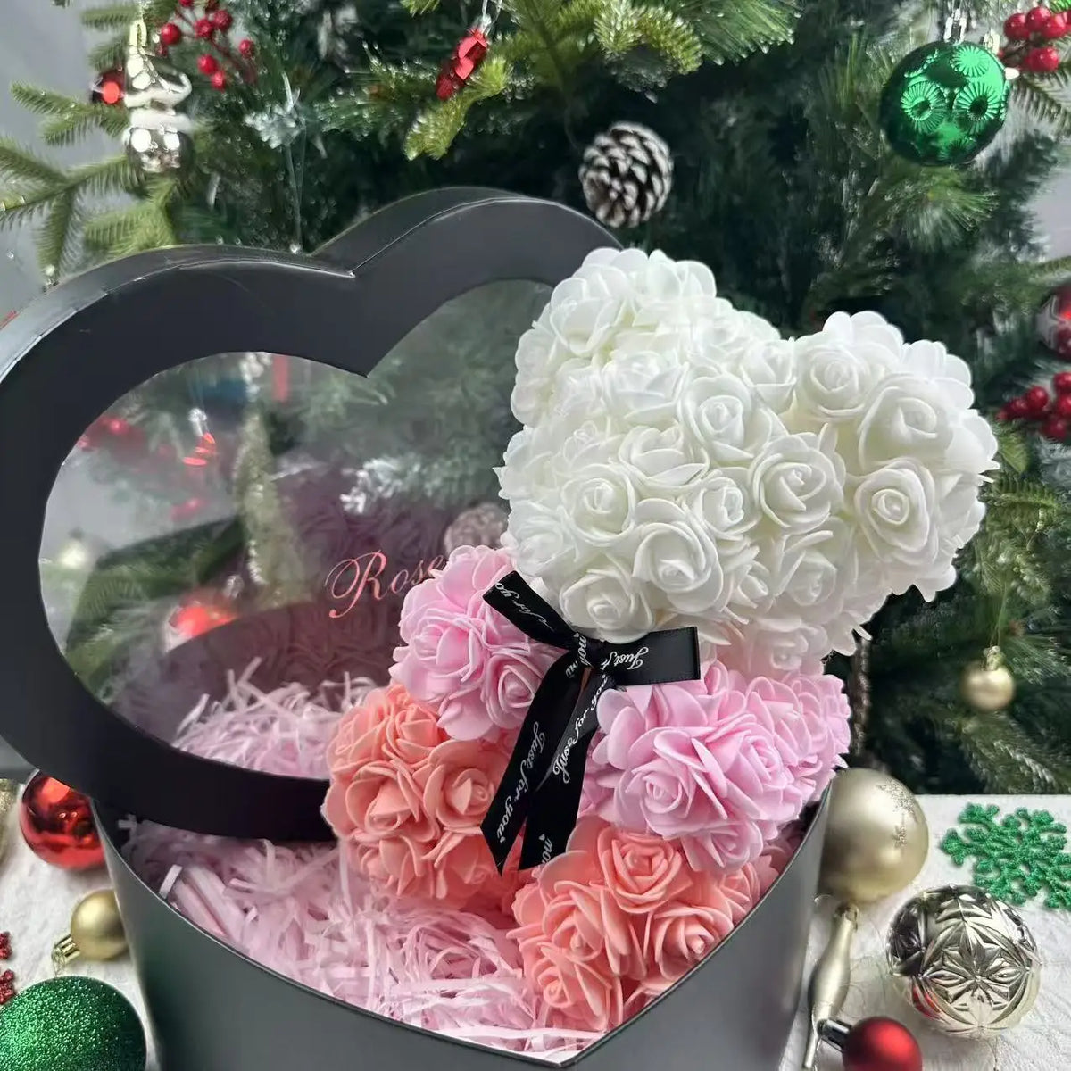 25cm Rosen-Teddybär mit Geschenkbox – Romantischer Kunstrosen-Bär zum Valentinstag oder besonderem Anlass