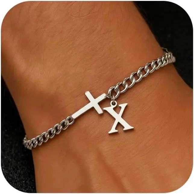 Herren Kreuz-Panzerarmband mit Initiale – A–Z Edelstahl-Armband als Glaubensschmuck