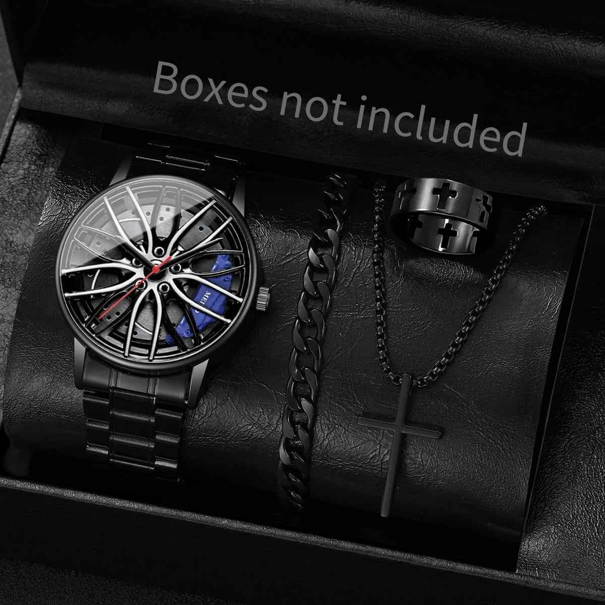 Herren-Quarzuhr mit 3D-Autorad-Zifferblatt & Edelstahlarmband – Sportliche Armbanduhr mit Modischem Schmuckset