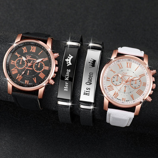 Modische Partner-Armbanduhren mit Römischen Ziffern, Quarzwerk & Lederarmbändern – Passendes Uhren- und Armbandset für Paare