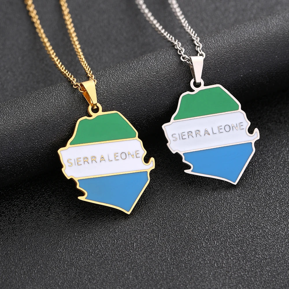Sierra-Leone-Karten- & Flaggen-Halskette – Edelstahl-Anhänger in Gold- oder Silberfarbe