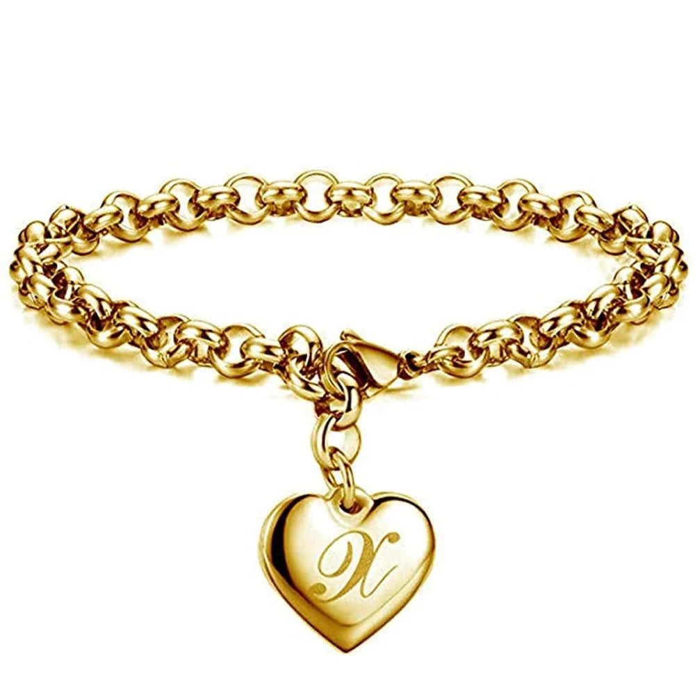 Goldfarbenes A-Z Initialen-Herzarmband für Damen – Edelstahl Gliederarmband mit 26 Gravierten Buchstaben, Personalisiertes Schmuckgeschenk