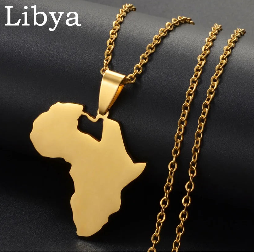 Afrika Landkarten-Anhänger Halskette – Sudan, Libyen, Sambia, Kenia & Ägypten Edelstahl Heimat- & Kulturschmuck für Damen & Herren