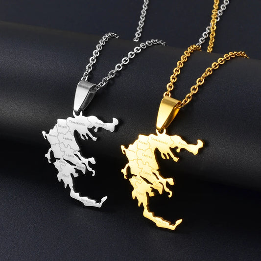 Griechenland-Landkarte mit Städten Halskette – Gold- & Silberfarbener Länder-Anhänger, Griechischer Heimat- & Kulturschmuck für Damen & Herren