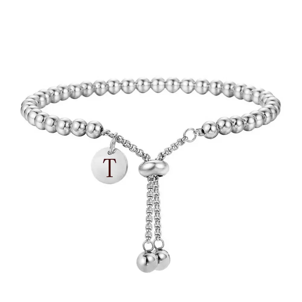 A–Z Initialen-Armband für Damen – Verstellbares Edelstahl Perlenarmband mit Buchstaben-Charm
