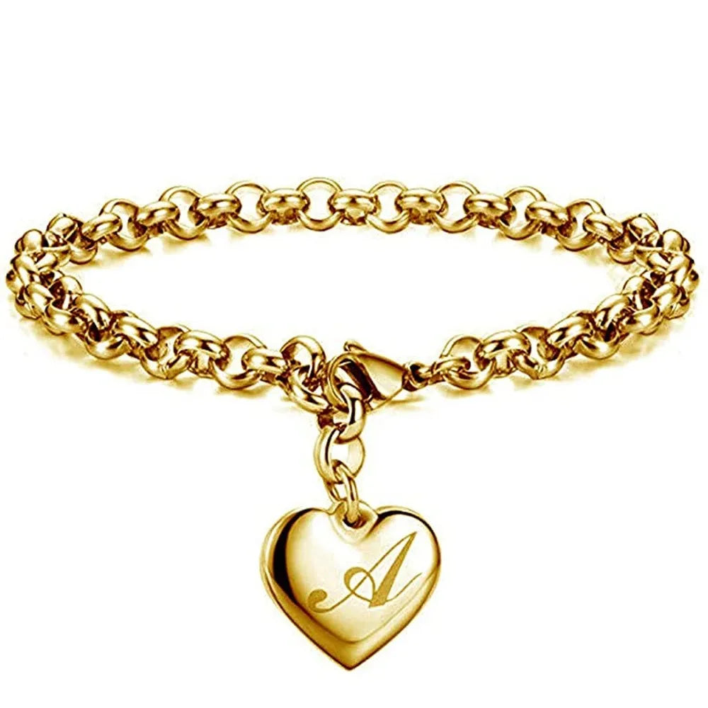 Goldfarbenes A-Z Initialen-Herzarmband für Damen – Edelstahl Gliederarmband mit 26 Gravierten Buchstaben, Personalisiertes Schmuckgeschenk