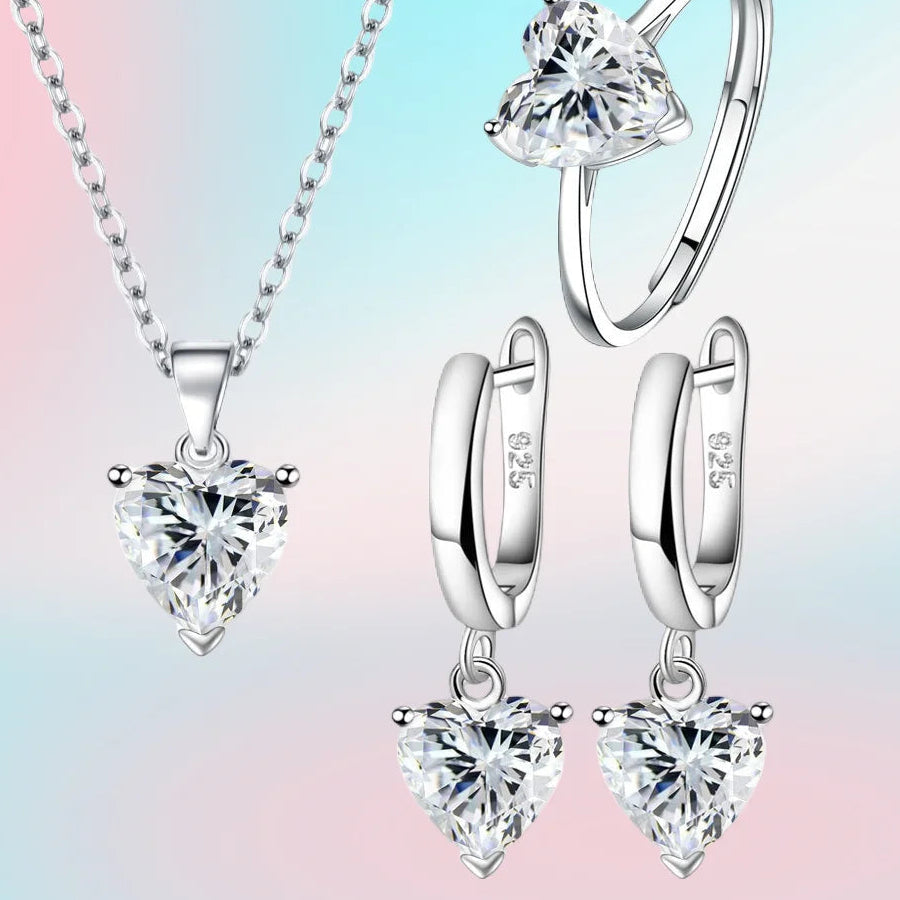 Romantisches Herz-Schmuckset für Damen – Silberfarbene Zirkon-Halskette, Creolen & Ring