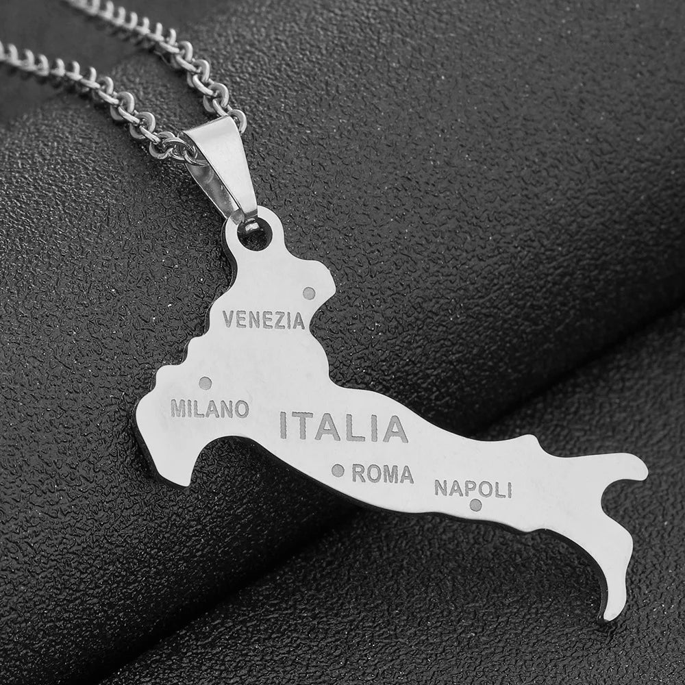 Italien-Karten Flaggen-Halskette – Edelstahl Halskette mit Italienischem Städte-Design