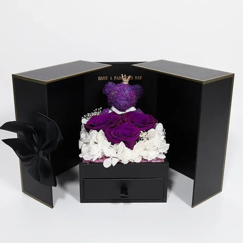 Geschenkbox mit Ewigkeitsrose, Bärchenmotiv & Halskette – Romantische Doppeltür-Schmuckbox mit Lippenstiftfach