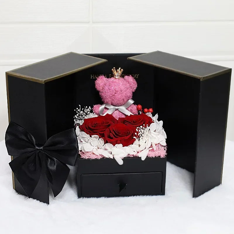 Geschenkbox mit Ewigkeitsrose, Bärchenmotiv & Halskette – Romantische Doppeltür-Schmuckbox mit Lippenstiftfach