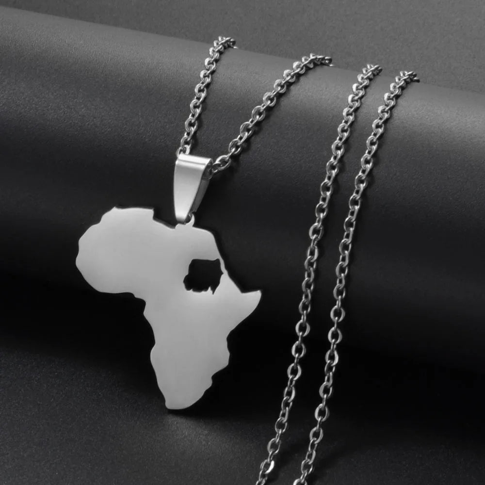 Afrika Landkarten-Anhänger Halskette – Sudan, Libyen, Sambia, Kenia & Ägypten Edelstahl Heimat- & Kulturschmuck für Damen & Herren