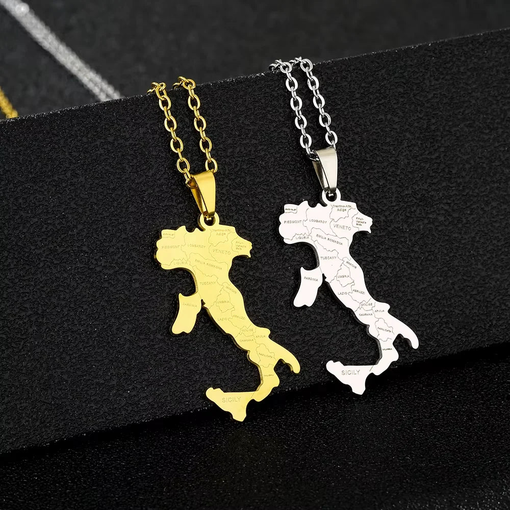 Italien-Karten Flaggen-Halskette – Edelstahl Halskette mit Italienischem Städte-Design
