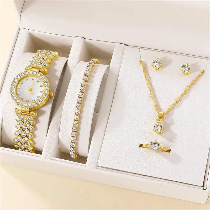 Elegante Damen-Armbanduhr mit Ring, Halskette, Ohrringen & Armband – Funkelndes Schmuckset mit Strasssteinen
