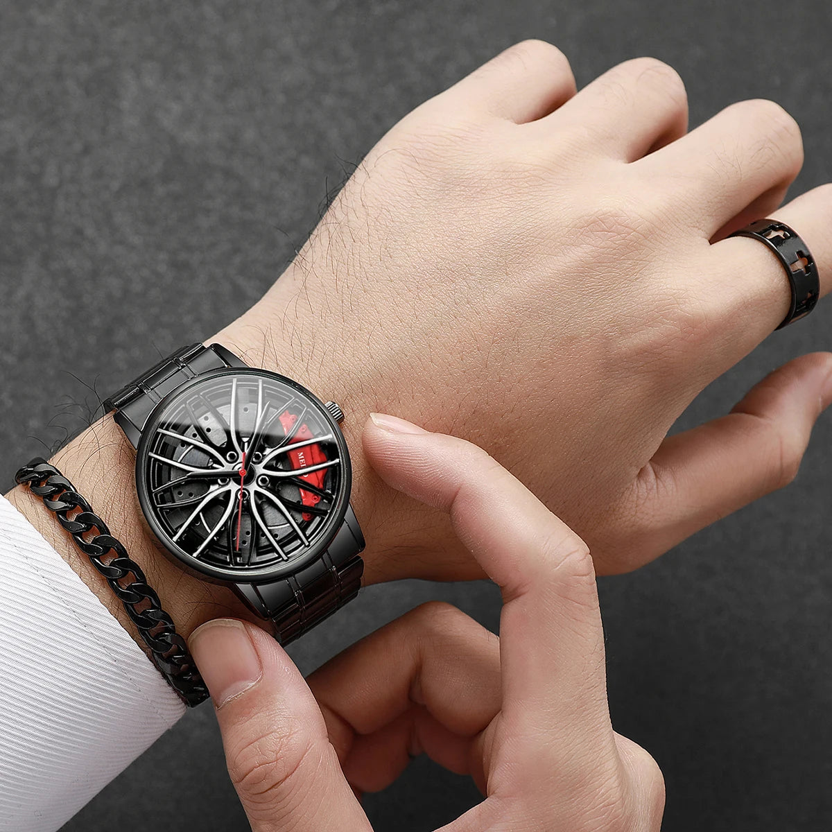 Herren-Quarzuhr mit 3D-Autorad-Zifferblatt & Edelstahlarmband – Sportliche Armbanduhr mit Modischem Schmuckset