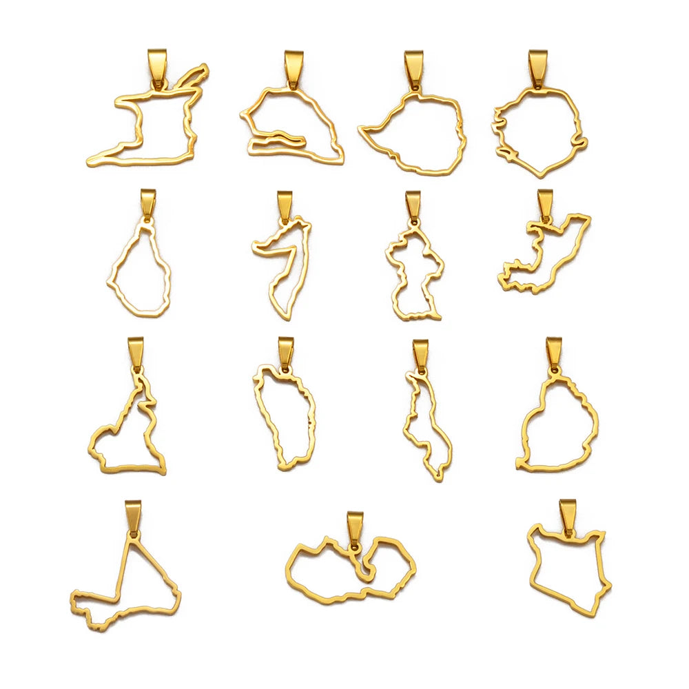 Outline Länderkarte Anhänger-Halskette – Guyana, Kenia, Mali, Senegal, Kongo, Montserrat, Simbabwe, Somalia, Sierra Leone, Dominica, Malawi, Mauritius, Sambia & Tobago Schmuck