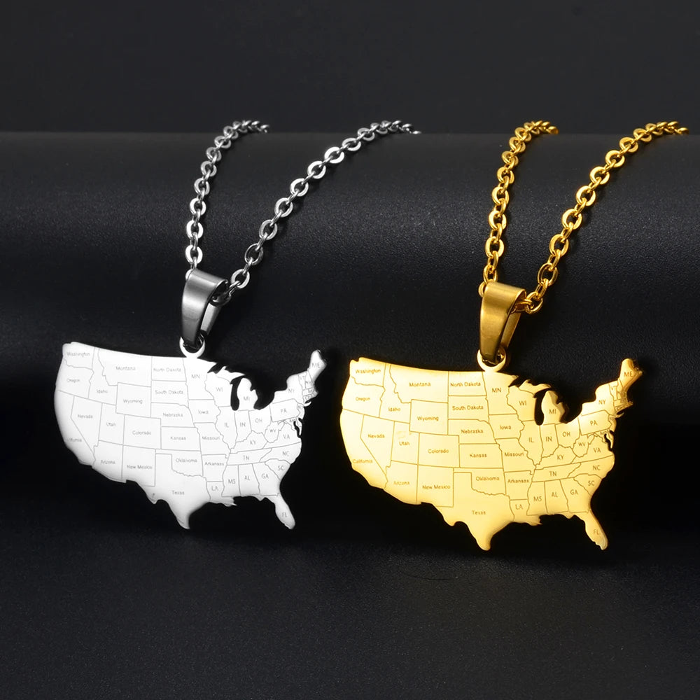 USA-Landkarte mit Bundesstaaten Halskette für Damen & Herren – Vereinigte Staaten Karten-Anhänger, Amerika Heimat- & Reiseschmuck