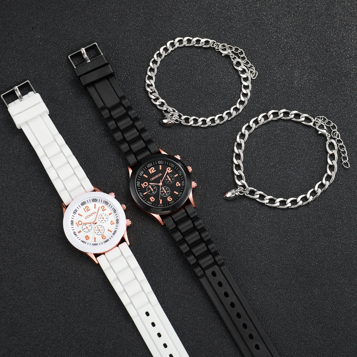 Partner-Armbanduhren mit Quarzwerk, Silikonarmbändern & Herzarmbändern – Passendes Uhren- und Schmuckset für Paare