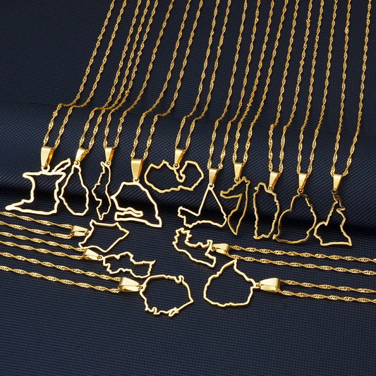 Outline Länderkarte Anhänger-Halskette – Guyana, Kenia, Mali, Senegal, Kongo, Montserrat, Simbabwe, Somalia, Sierra Leone, Dominica, Malawi, Mauritius, Sambia & Tobago Schmuck