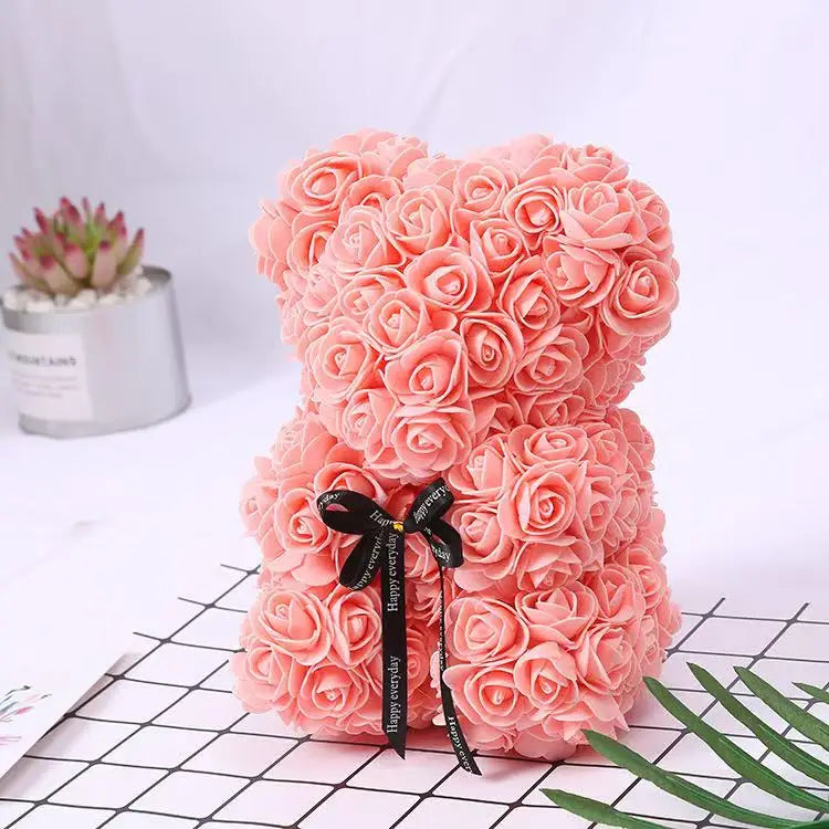 25cm Rosen-Teddybär mit Geschenkbox – Romantischer Kunstrosen-Bär zum Valentinstag oder besonderem Anlass