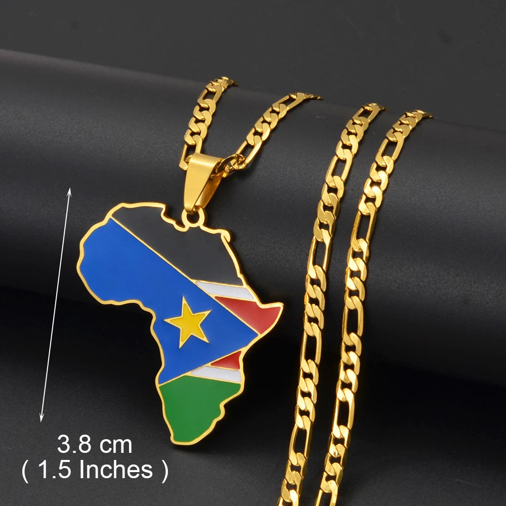 3,8CM Süd-Sudan, Côte d’Ivoire & Südafrika Landkarten-Flaggen-Halskette – Afrikanischer Schmuck für Damen & Herren