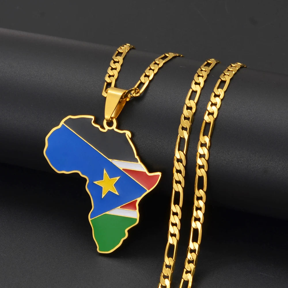 3,8CM Süd-Sudan, Côte d’Ivoire & Südafrika Landkarten-Flaggen-Halskette – Afrikanischer Schmuck für Damen & Herren