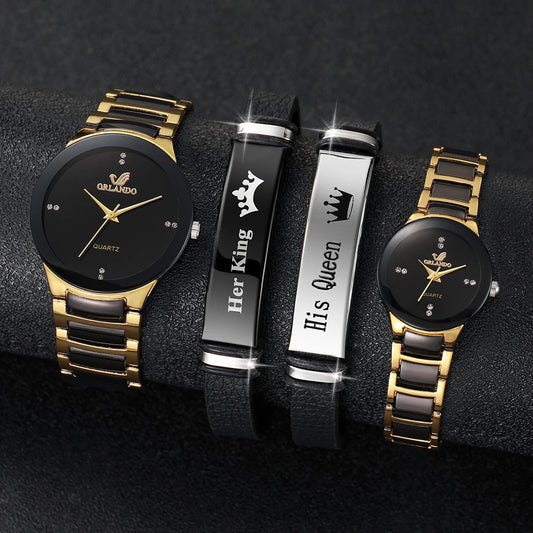 Elegante Partner-Armbanduhren mit Quarzwerk, Edelstahlarmbändern & Passenden Schmuckarmbändern – Stilvolles Uhren-Set für Damen & Herren