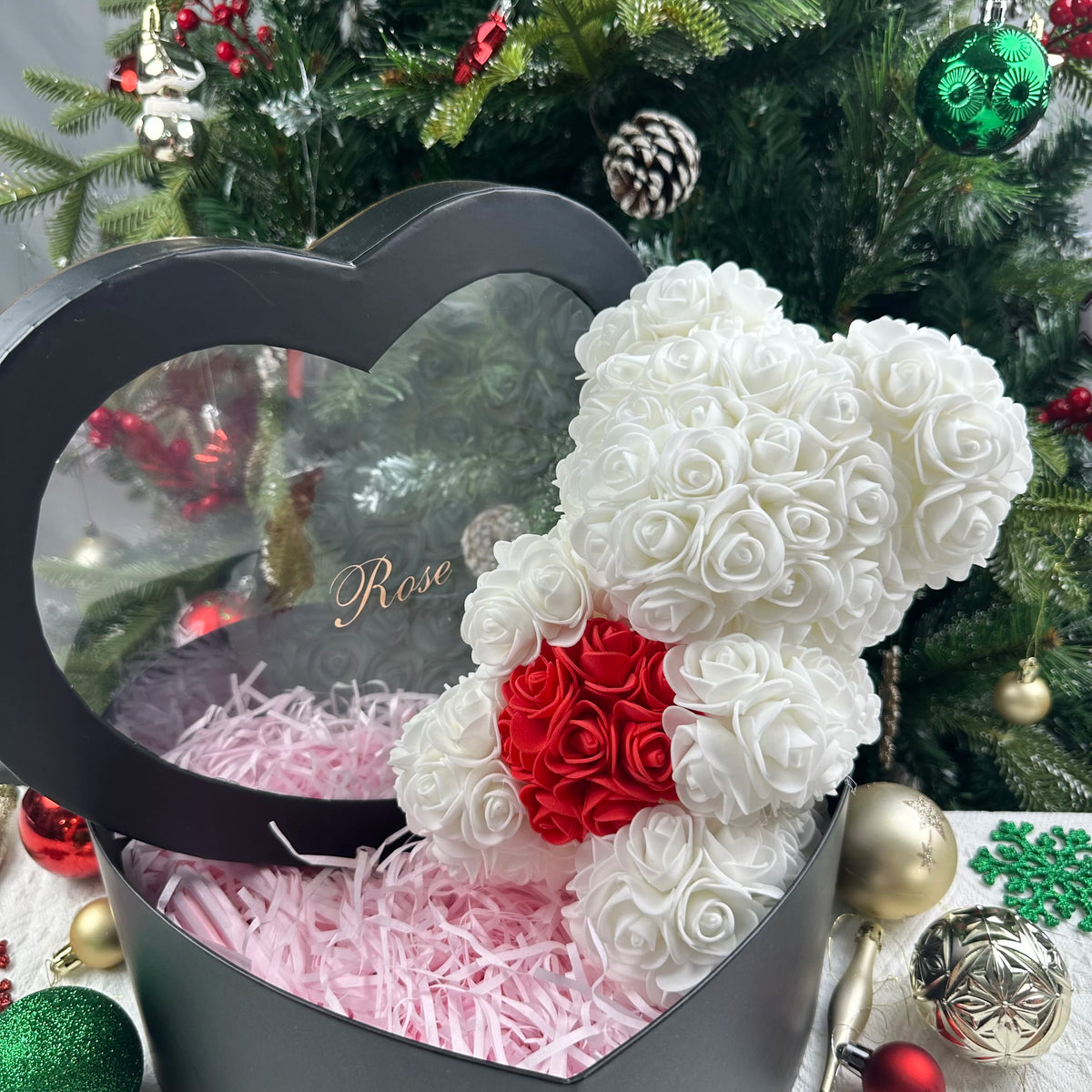 25cm Rosen-Teddybär mit Geschenkbox – Romantischer Kunstrosen-Bär zum Valentinstag oder besonderem Anlass