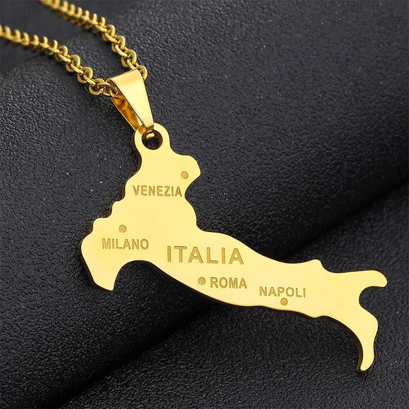 Italien-Karten Flaggen-Halskette – Edelstahl Halskette mit Italienischem Städte-Design