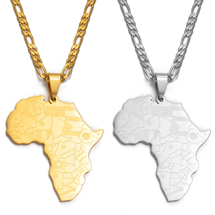 Afrika-Karten Flaggen-Halskette – Gold- & Silberfarbene Afrika-Halskette