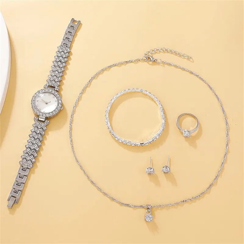 Elegante Damen-Armbanduhr mit Ring, Halskette, Ohrringen & Armband – Funkelndes Schmuckset mit Strasssteinen