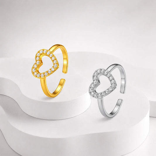 Klarer Zirkonia-Herzring für Damen – Goldfarbener Edelstahl-Ring mit Größenverstellbarem Offenem Design, Hochzeits- & Brautschmuck