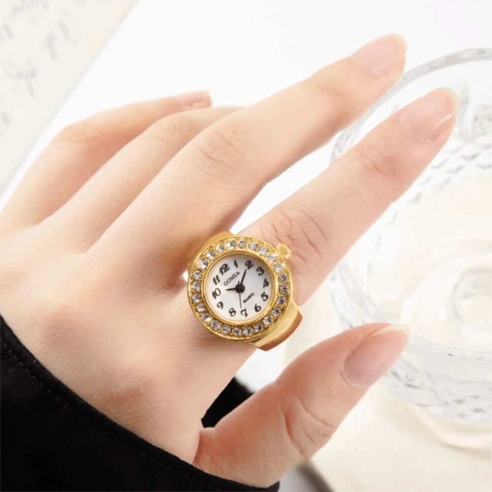 Modische Finger-Ringuhr mit Quarzwerk, Edelstahl & Metalllegierung – Funkelnde Schmuckuhr als Geschenk