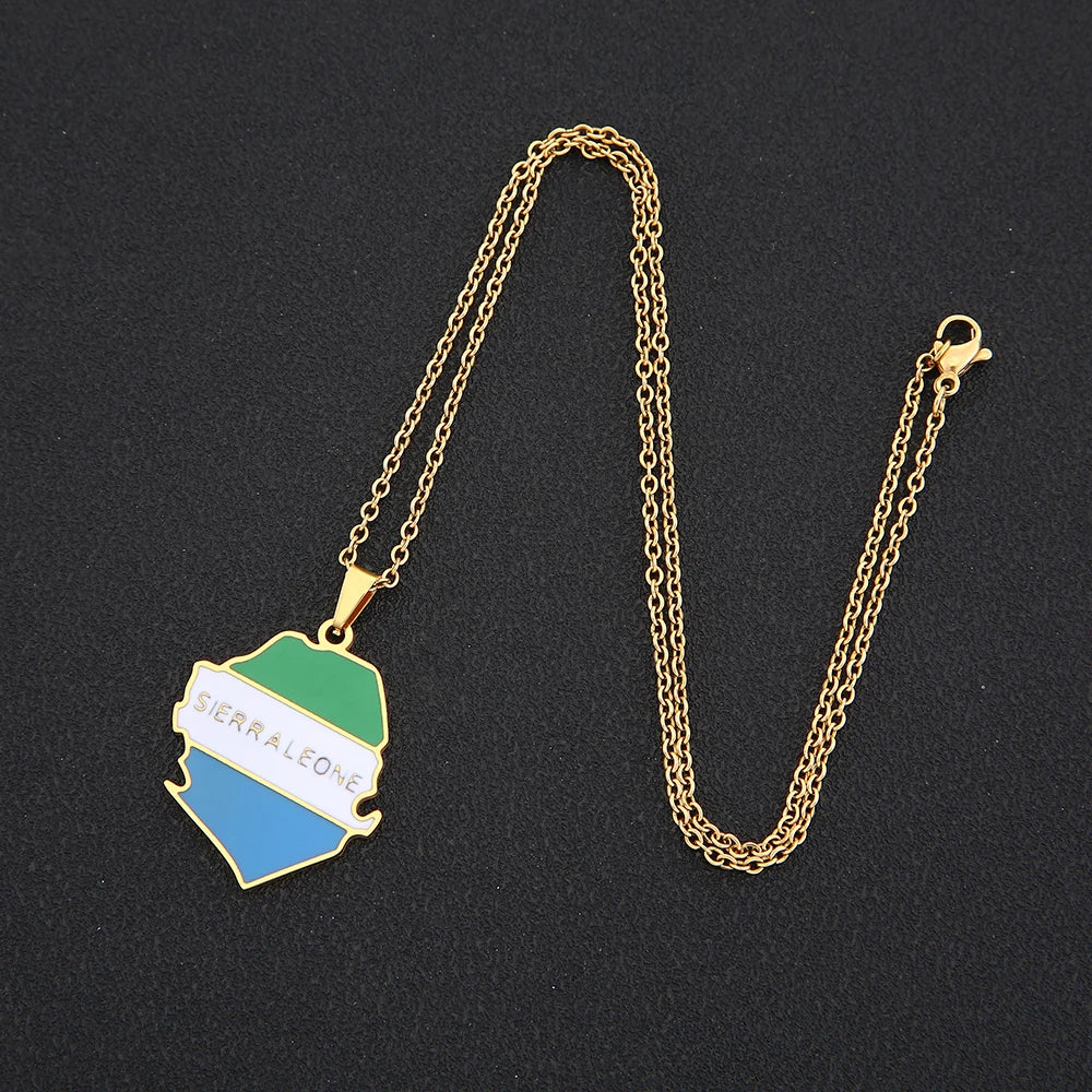 Sierra-Leone-Karten- & Flaggen-Halskette – Edelstahl-Anhänger in Gold- oder Silberfarbe