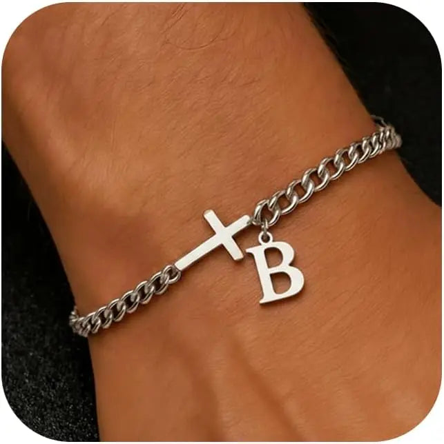 Herren Kreuz-Panzerarmband mit Initiale – A–Z Edelstahl-Armband als Glaubensschmuck