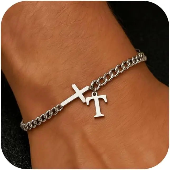 Herren Kreuz-Panzerarmband mit Initiale – A–Z Edelstahl-Armband als Glaubensschmuck