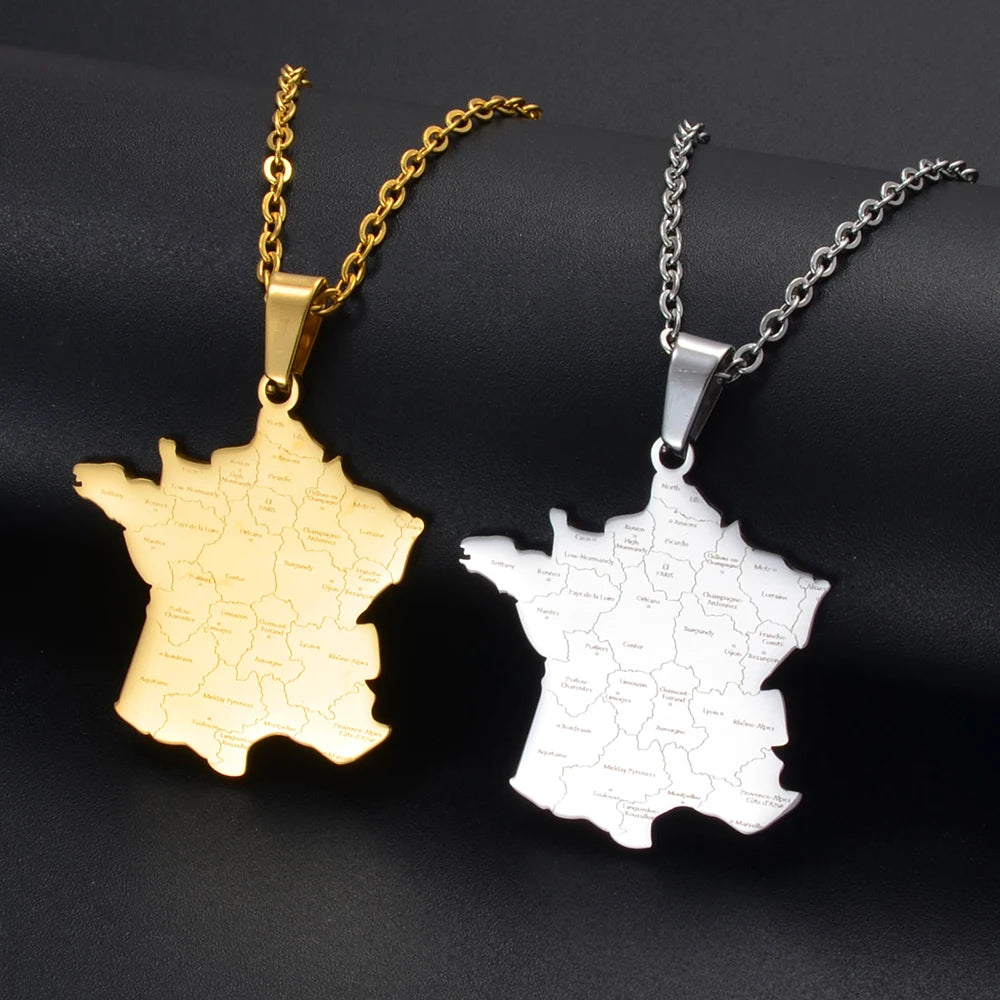 Frankreich Landkarten-Halskette  – Edelstahl Französischer Länder-Anhänger, Eleganter Heimat-, Kultur- & Reiseschmuck