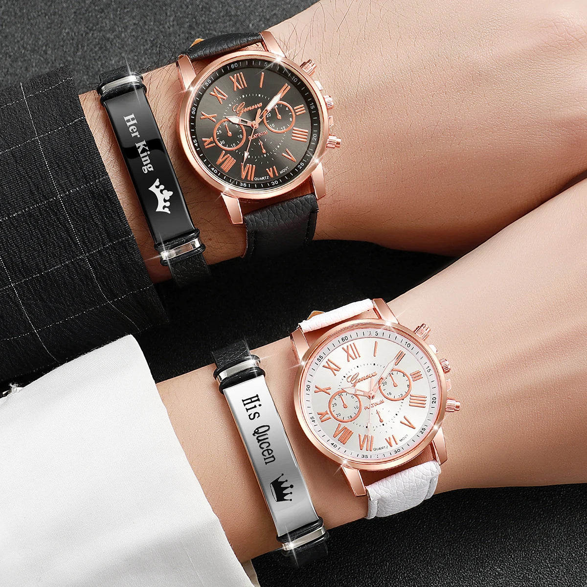 Modische Partner-Armbanduhren mit Römischen Ziffern, Quarzwerk & Lederarmbändern – Passendes Uhren- und Armbandset für Paare