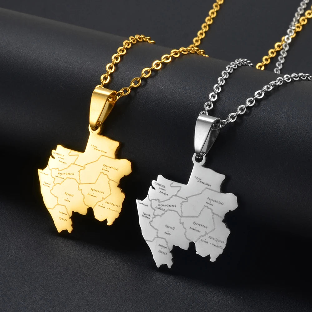 Gabun-Landkarte mit Städten Halskette – Edelstahl Gabunischer Länder-Karten-Anhänger, Heimat-, Kultur- & Reiseschmuck für Damen & Herren