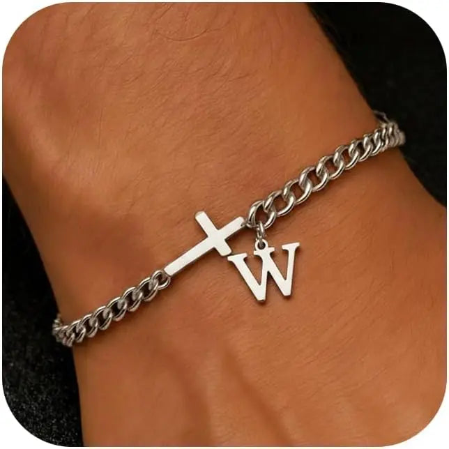 Herren Kreuz-Panzerarmband mit Initiale – A–Z Edelstahl-Armband als Glaubensschmuck