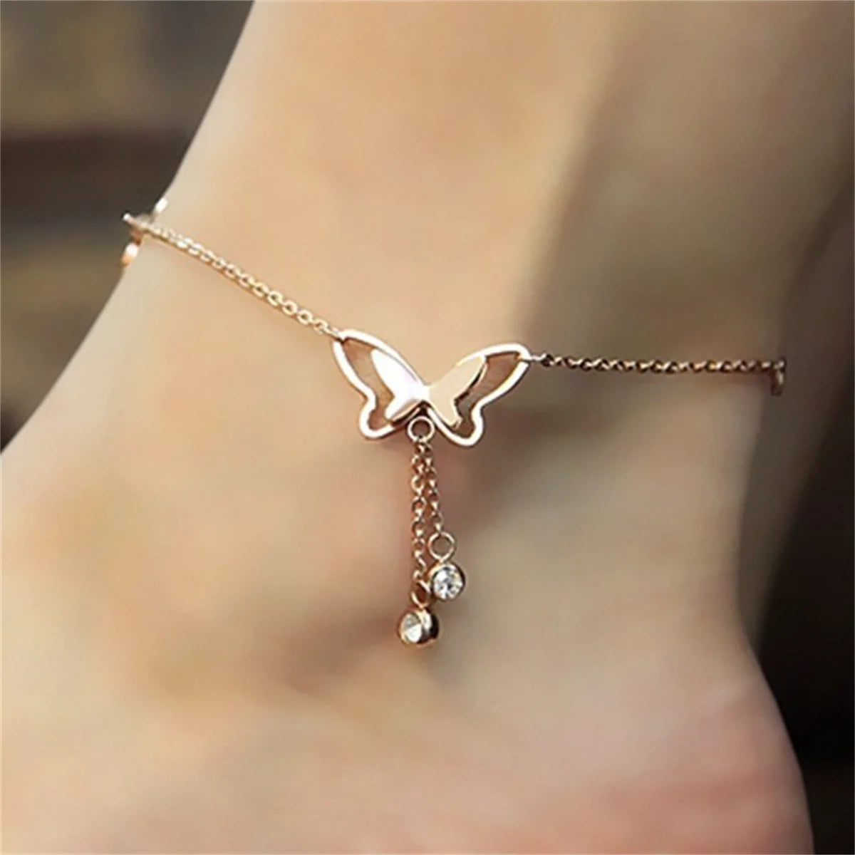 Filigranes Schmetterlings-Fußkettchen mit Zirkon – Goldfarbener & Silberfarbener Schmuck für Damen