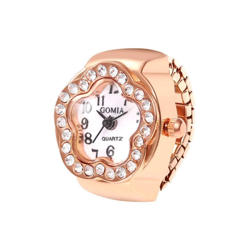 Modische Finger-Ringuhr mit Quarzwerk, Edelstahl & Metalllegierung – Funkelnde Schmuckuhr als Geschenk