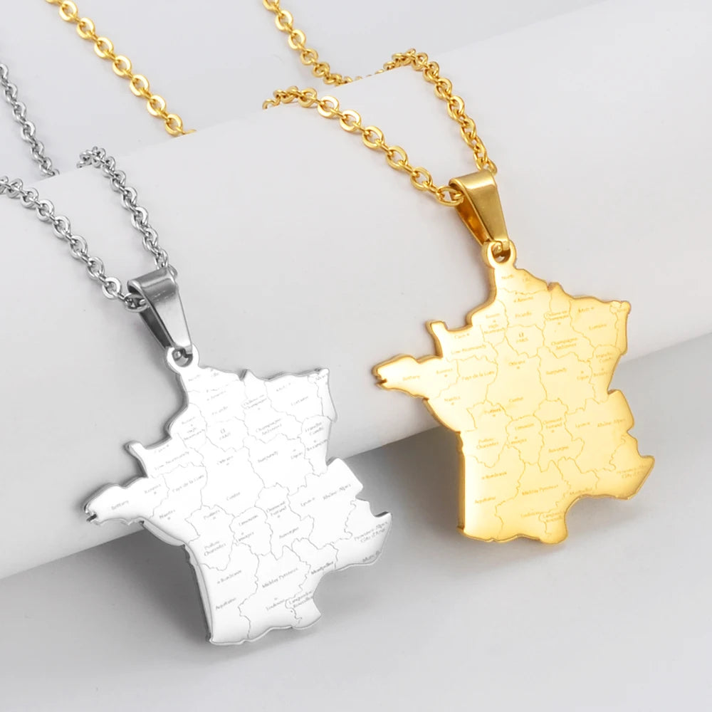 Frankreich Landkarten-Halskette  – Edelstahl Französischer Länder-Anhänger, Eleganter Heimat-, Kultur- & Reiseschmuck