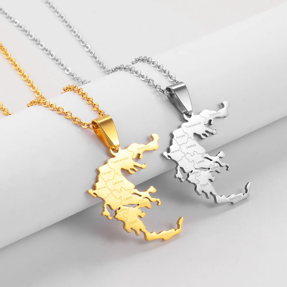 Griechenland-Landkarte mit Städten Halskette – Gold- & Silberfarbener Länder-Anhänger, Griechischer Heimat- & Kulturschmuck für Damen & Herren
